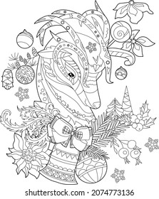 Cute Christmas reindeer. Winter holiday decoration. Black and white elements. Traditional festive balls for season design. Hand drawn illustration in zentangle style for children and adults, tattoo.