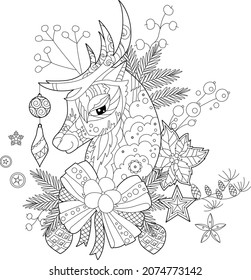 Cute Christmas reindeer. Winter holiday decoration. Black and white elements. Traditional festive balls for season design. Hand drawn illustration in zentangle style for children and adults, tattoo.