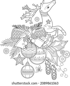 Cute Christmas reindeer. Winter holiday decoration. Black and white elements. Traditional festive balls for season design. Hand drawn illustration in zentangle style for children and adults, tattoo.