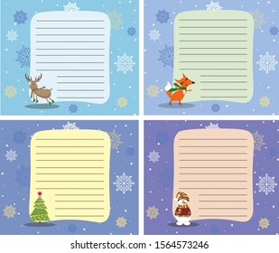 Cute Christmas reminders for notes. Cartoon festive characters on colored backgrounds with snowflakes.