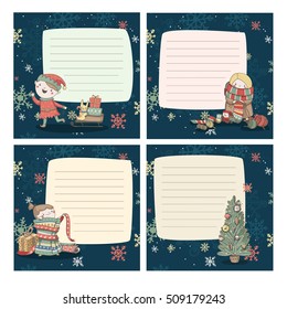 Cute Christmas reminders for notes. Holiday characters on dark background