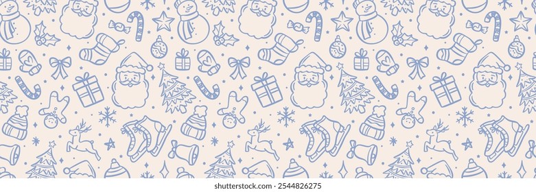 Cute Christmas repeat pattern banner, seamless vector repeating horizontal background, cartoon doodle illustration festive holiday wallpaper design