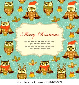 Cute christmas retro background with owls, mistletoe and bells on turquoise. Vintage christmas pattern with place for text.