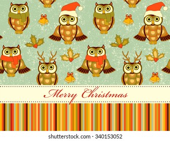 Cute christmas retro pattern with owls, mistletoe and bells on grunge background. Vintage christmas pattern with place for text.