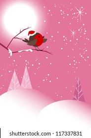 Cute Christmas Robin in Pink Moonlit Winter Scene