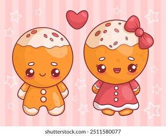 Cute Christmas romantic gingerbread man and girl in red dress with heart. Isolated traditional holiday sweet kawaii cartoon characters on pink background. Vector illustration.