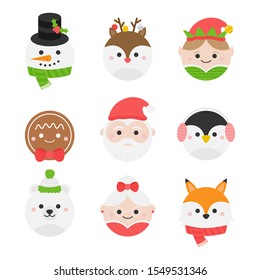 Cute christmas round characters vector illustration collection. Winter, seasonal, holiday, festive xmas heads. Isolated cartoon graphic icons.