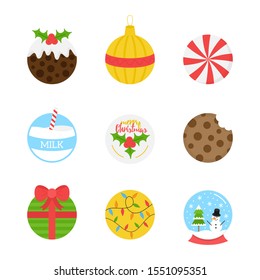 Cute christmas round icons vector illustration collection. Winter, seasonal, holiday, festive xmas things. Isolated cartoon graphic.