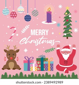 Cute Christmas Rudolph, Santa characters and various ornament decoration illustrations