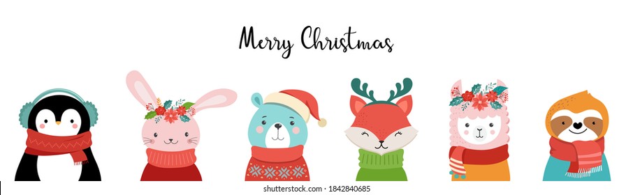 Cute Christmas safari animals. Sloth, llama, bunny, polar bear. Merry Christmas baby animals wearing warm clothes, sweater, scarf and hats 