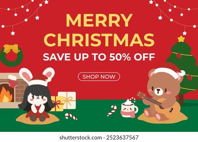 Cute Christmas Sale Banner with Bear Playing Guitar and Bunny. Merry Christmas Sale Ad with Adorable Bear and Bunny by the Fireplace.