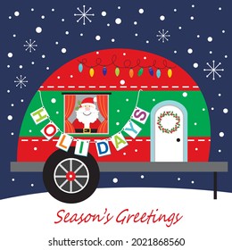 Cute christmas santa and caravan for christmas greeting card, gift bag or box design