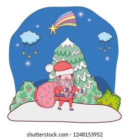 cute christmas santa claus with bag in the landscape
