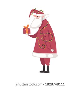 Cute Christmas Santa Claus Character with Gift Box, Symbol of Xmas and New Year Holidays Cartoon Style Vector Illustration