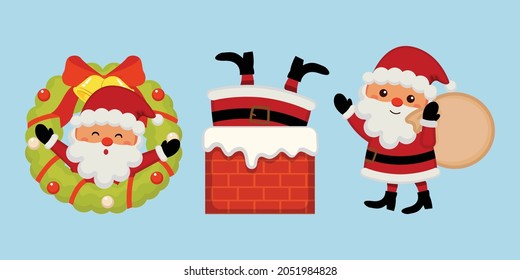 Cute Christmas Santa Claus clipart set. Flat vector cartoon design 