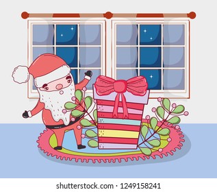cute christmas santa claus with gifts in the house