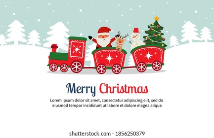 Cute Christmas Santa Claus train with reindeer and snowman. Christmas lanscape. Flat vector cartoon style