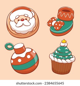 Cute christmas santa cupcakes and other elements hand drawn collection