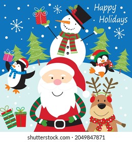Cute christmas santa and friends for christmas card, gift bag or box design
