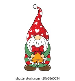 Cute Christmas Santa Gnome Elf. Vector cute Christmas gnome in red hat with bell. Winter christmas cartoon character for postcard.