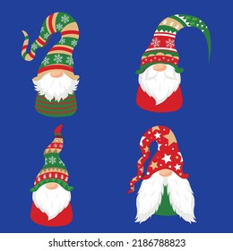 Cute Christmas Santa Gnome Elf. Christmas Gnome Vector Illustration, Scandinavian Nordic Gnome.