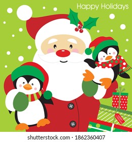 Cute christmas santa and penguin for greeting card, christmas gift bag or box design