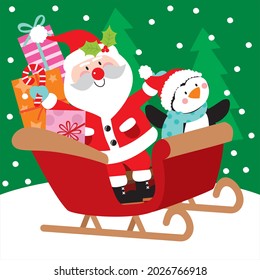 Cute christmas santa and penguin in the sleigh for christmas card, gift bag or box design