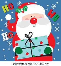 Cute christmas santa and present for christmas card, gift bag and box design