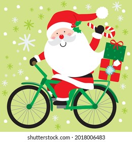 Cute christmas santa riding bicycle for christmas card, gift bag or box design