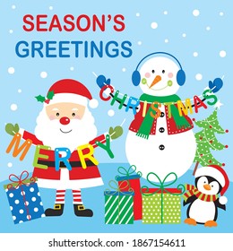 Cute christmas santa and snowman for greeting card, christmas gift bag or box design