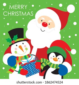 Cute christmas santa, snowman and penguin for greeting card. gift bag or box design