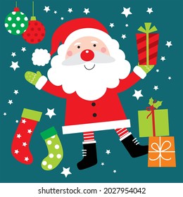 Cute christmas santa, stocking and present for christmas card, gift bag or box design