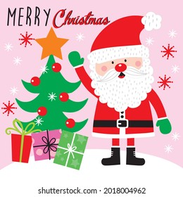 Cute christmas santa and tree for christmas card, giftbag or box design