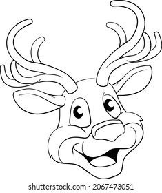 A cute Christmas Santas reindeer cartoon character. In black and white outline like a coloring book page.