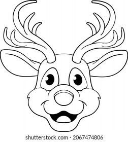 A cute Christmas Santas reindeer cartoon character. In black and white outline like a coloring book page.