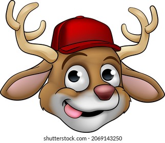 A cute Christmas Santas reindeer cartoon character in baseball cap hat sticking out his tongue 