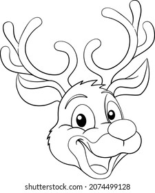 A cute Christmas Santas reindeer cartoon character. In black and white outline like a coloring book page.