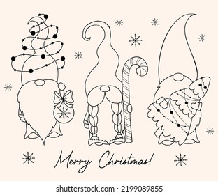 Cute christmas Scandinavian gnomes. New year gnome with christmas tree, garland and Christmas ball and caramel stick. Vector illustration. Linear hand drawing Doodle. Isolated winter characters