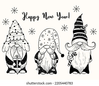 Curiosas navidades escandinavas gnomos. Nochevieja con árbol de navidad, regalo y palo de caramelo. Ilustración vectorial. doodle de dibujo manual. Caracteres aislados para diseño, decoración, tarjetas de felicitación, impresión