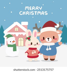 Cute Christmas Scene with Reindeer, Bunny, and Snowman. Adorable Holiday Illustration. Reindeer and Bunny Celebrating Christmas.Kawaii Christmas Artwork with Winter Friends and Festive Cheer.