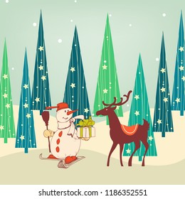Cute Christmas scene. Snowman and reindeer in the pine forest with gifts