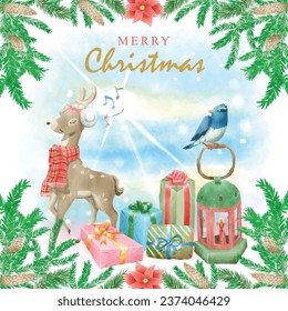cute christmas scene with winter town and characters watercolor background