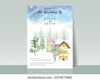 cute christmas scene with winter town and characters watercolor invitation card
