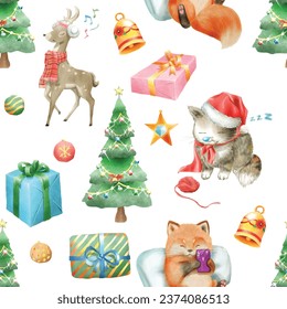 cute christmas scene with winter town and characters watercolor seamless pattern