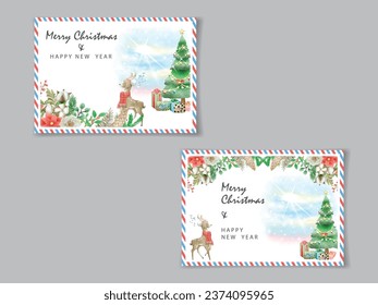 cute christmas scene with winter town and characters watercolor postcard