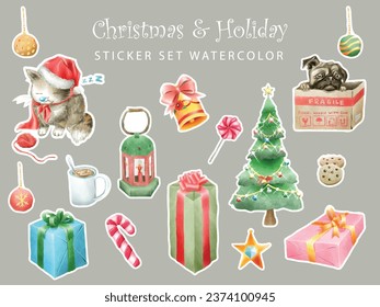 cute christmas scene with winter town and characters watercolor sticker set