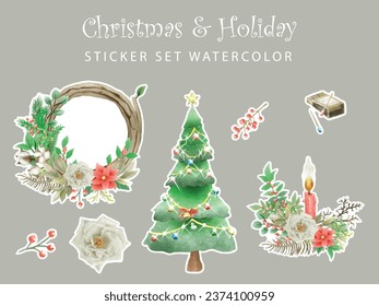 cute christmas scene with winter town and characters watercolor sticker set
