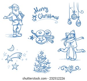 Cute christmas scenes and Icons, santa clause, chrsitmas tree, stars, people huging, cookies, chrsitmas tree balls, ornament. Hand drawn line art vector illustration.