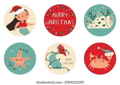 Cute Christmas Sea Party Vektoraufkleber. Shape Party Tags mit Mermaid, Starfish, Crab, Shell auf beigem, blauem und rotem Hintergrund. handgezeichnete Cartoon-Stil Winterferien-Kuchentopfer