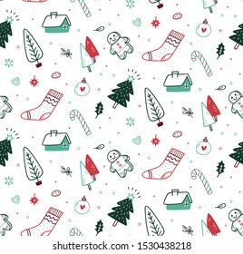 Cute Christmas seamless background in doodle style
